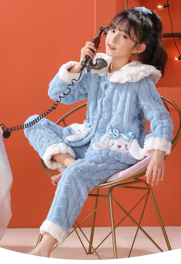 Sanrio Pajamas Kuromi Plush Girls Melody Cinnamoroll Coral Velvet Cardigan Princess Style