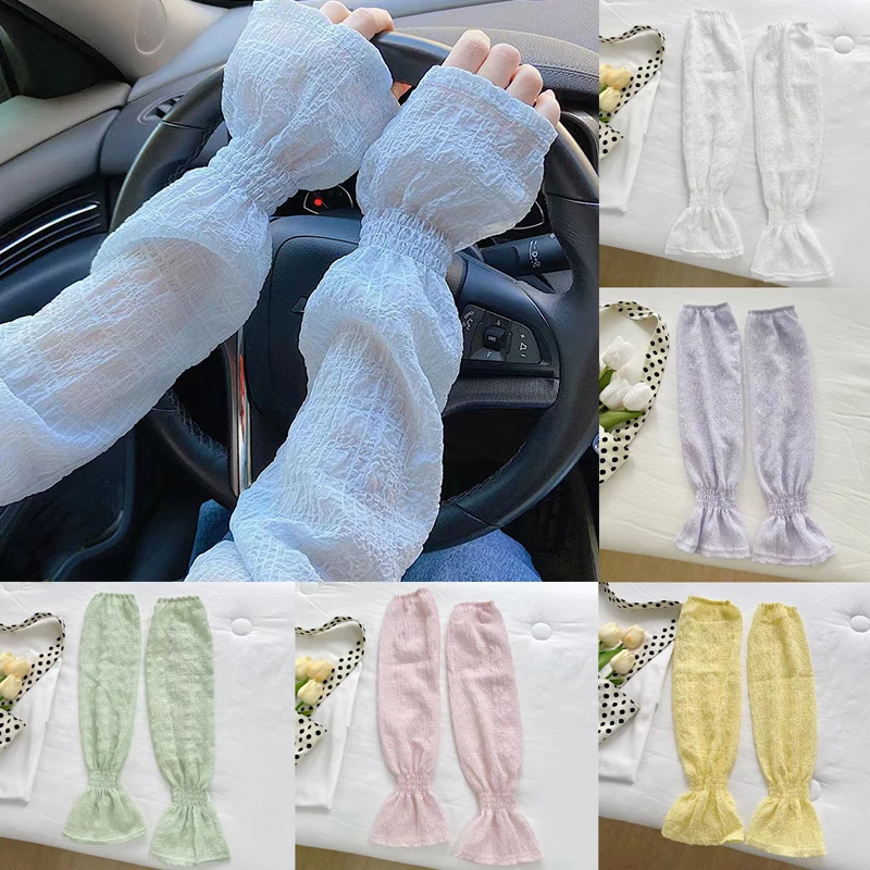 

Women Summer Fingerless Gloves Long Sun Protection Sleeves Gloves Uv Thin Pleated Bubble Loose Cycling Driving Arm Sleeves