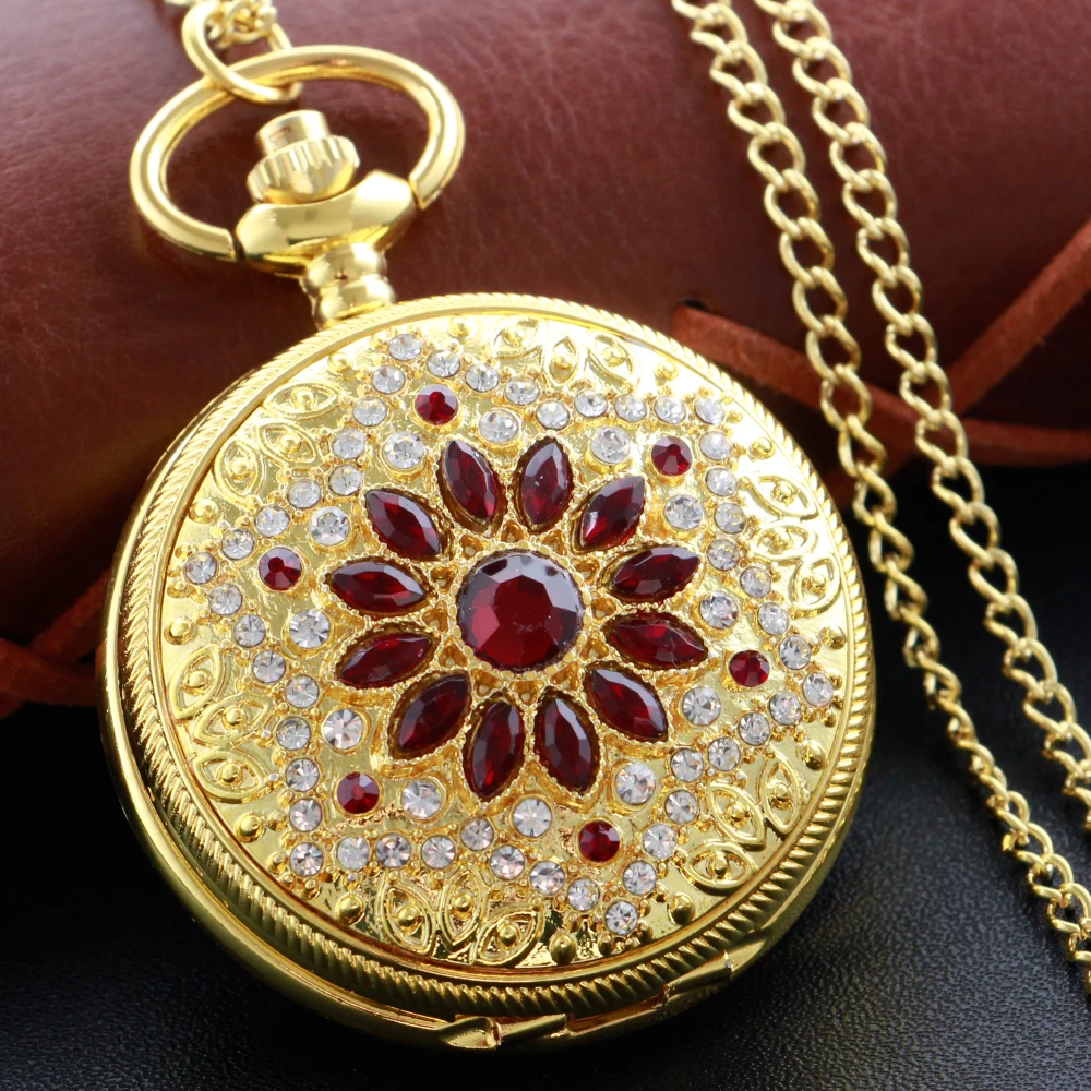 New Gold Luxury Ruby Pocket Watch Necklace Digital Pendant Chain Clock Fashion Sculpture Women's Men's Gift gold pisces heart creative woman necklace gold girl pendant chain necklace crystal zircon lucky fashion gift wholesale n01027