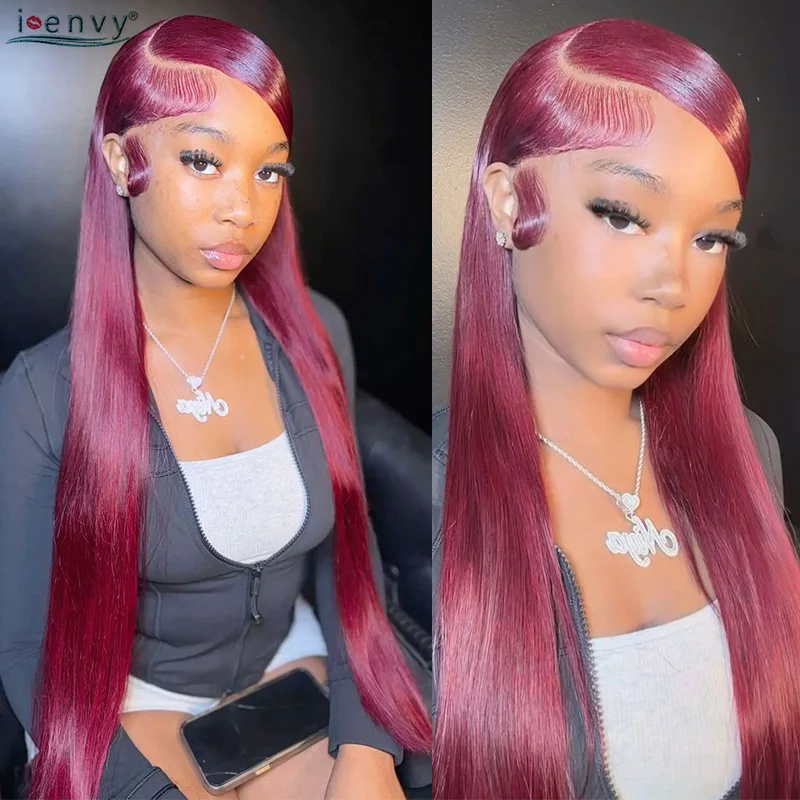 버건디 13X6 HD 레이스 프론탈 인모 가발 스트레이트 가발 13X4 레이스 프론트 가발 여성용 99J 레드 컬러 13X6 레이스 프론트 가발