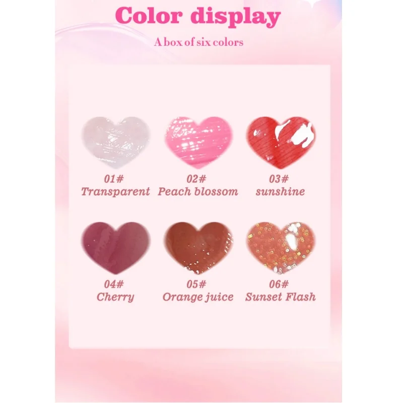 Conjunto de brilho labial espelhado de vidro, 6 peças, hidratante, leve, bálsamo labial, brilhante, transparente, pêssego, cereja, rosa 4