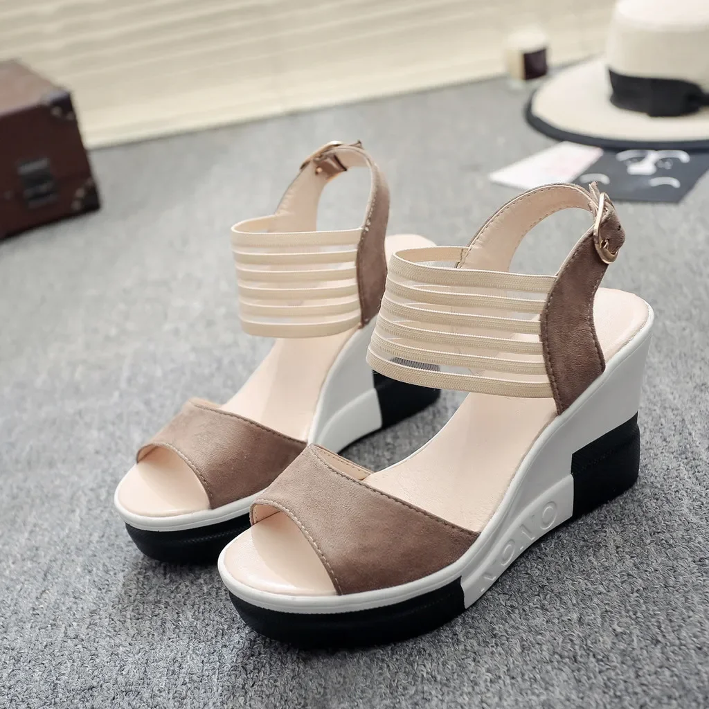 Women High Heels Wedge Shoes Casual Belt Buckle Fish Mouth Sandals