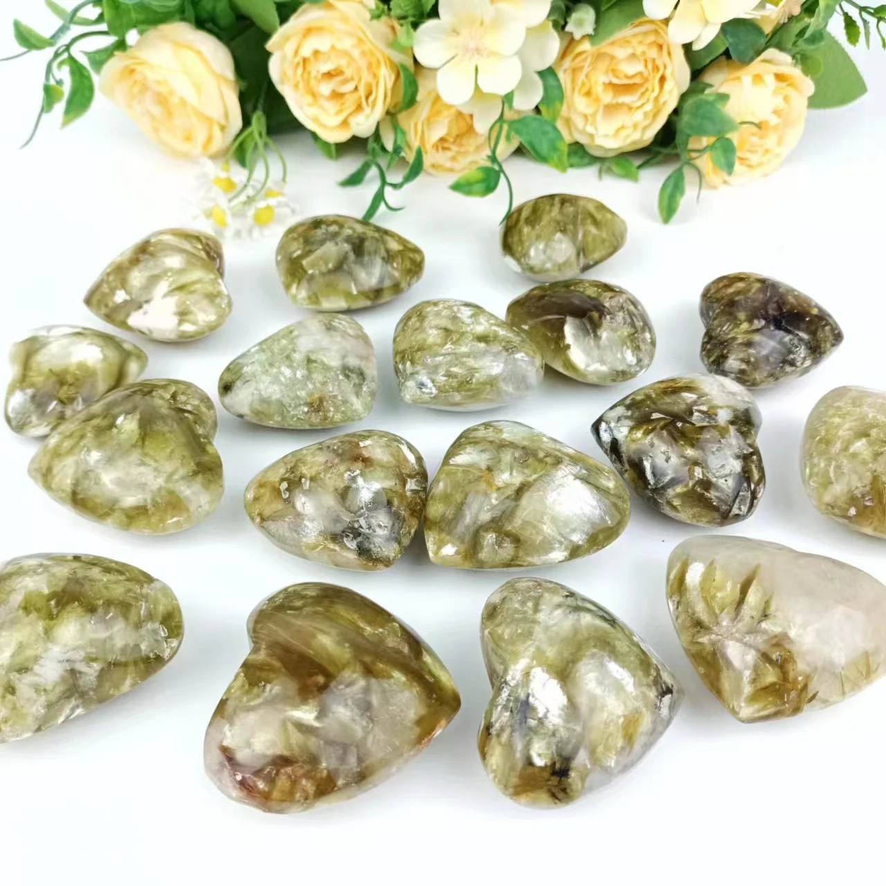 

Natural Golden Lepidolite Mica Puffy Heart Semi-Precious Stone For Fengshui Meditation Home Office Decor