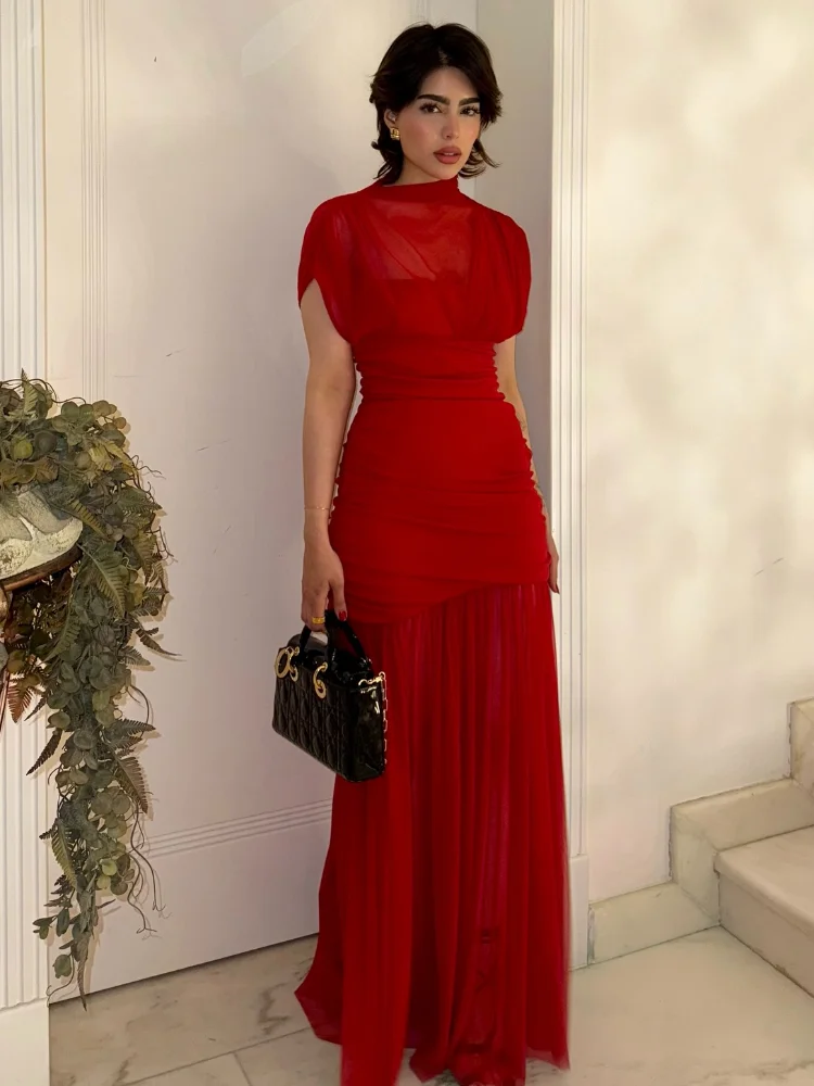 knee length dresses for ladies Happy Clothing Black Pleated Waist Mesh Maxi Dress main image 1