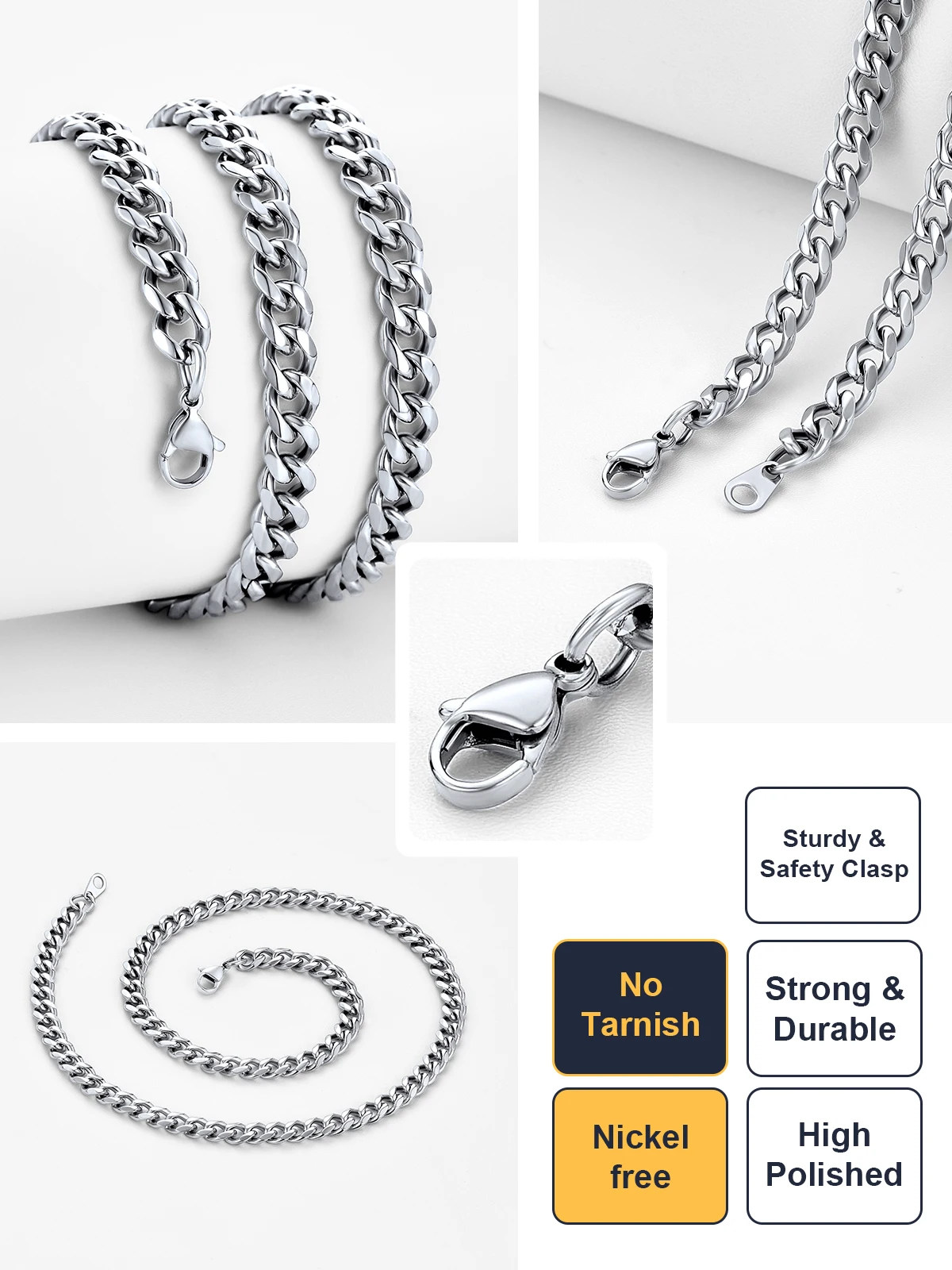 U7 Miami Flat Chunky Cuban Link Chain Necklace for Men Women Unisex Stainless Steel 3/6/9/12mm Wide 18-30