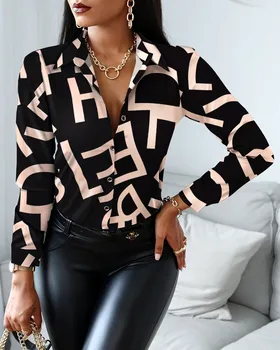 Elegant Women's Fashion Blouse 2023 Spring/Summer Digital Print Shirt Commuter Slim Fit Office Female Tops 1