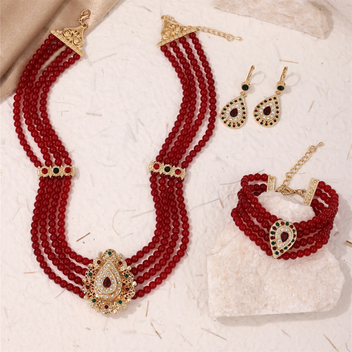 

Набор украшений из бисера бордового цвета для женщин средневосточного стиля, колье, серьги, браслет, комплект из 3 предметов