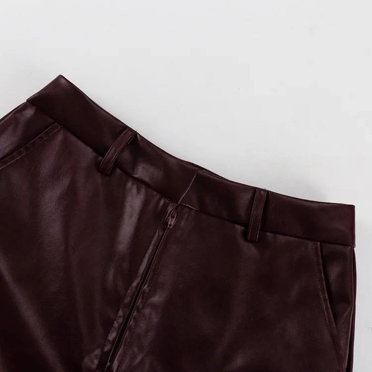 Vintage PU 2 Piece-Set Trousers Female Lace-Up Pocket Fashion Outwear Streetwear Autumn Patchwork Women's Pants Sets