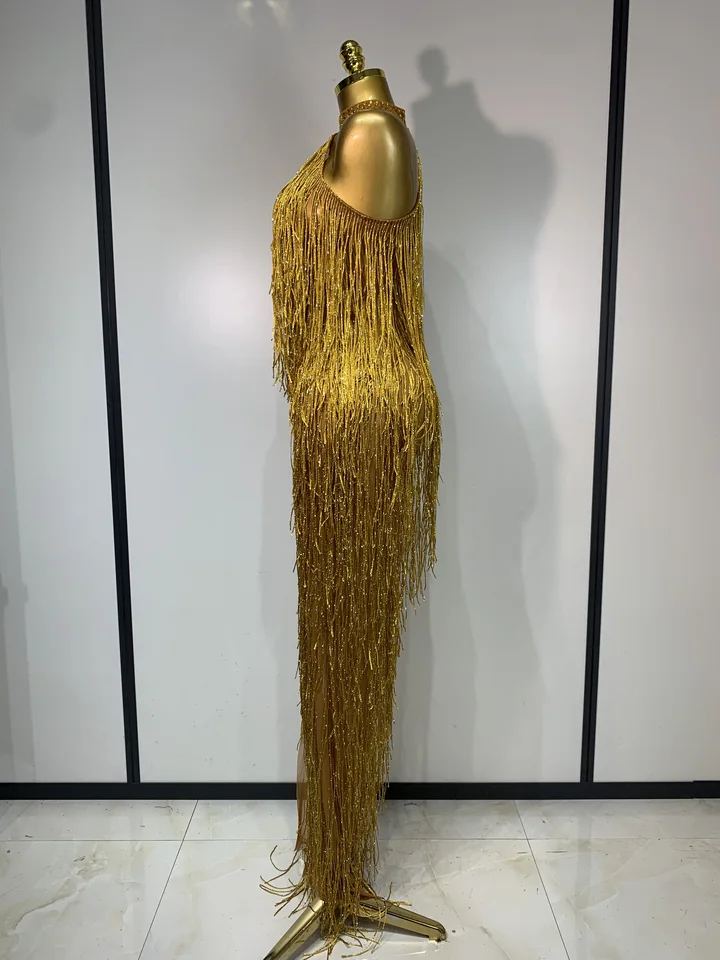 Women Sexy Shiny Crystals Tassel Gold Dress Elegant Prom Gown Evening Party  Nightclub Birthday Birthday Photoshoot Dresses - AliExpress 200000345