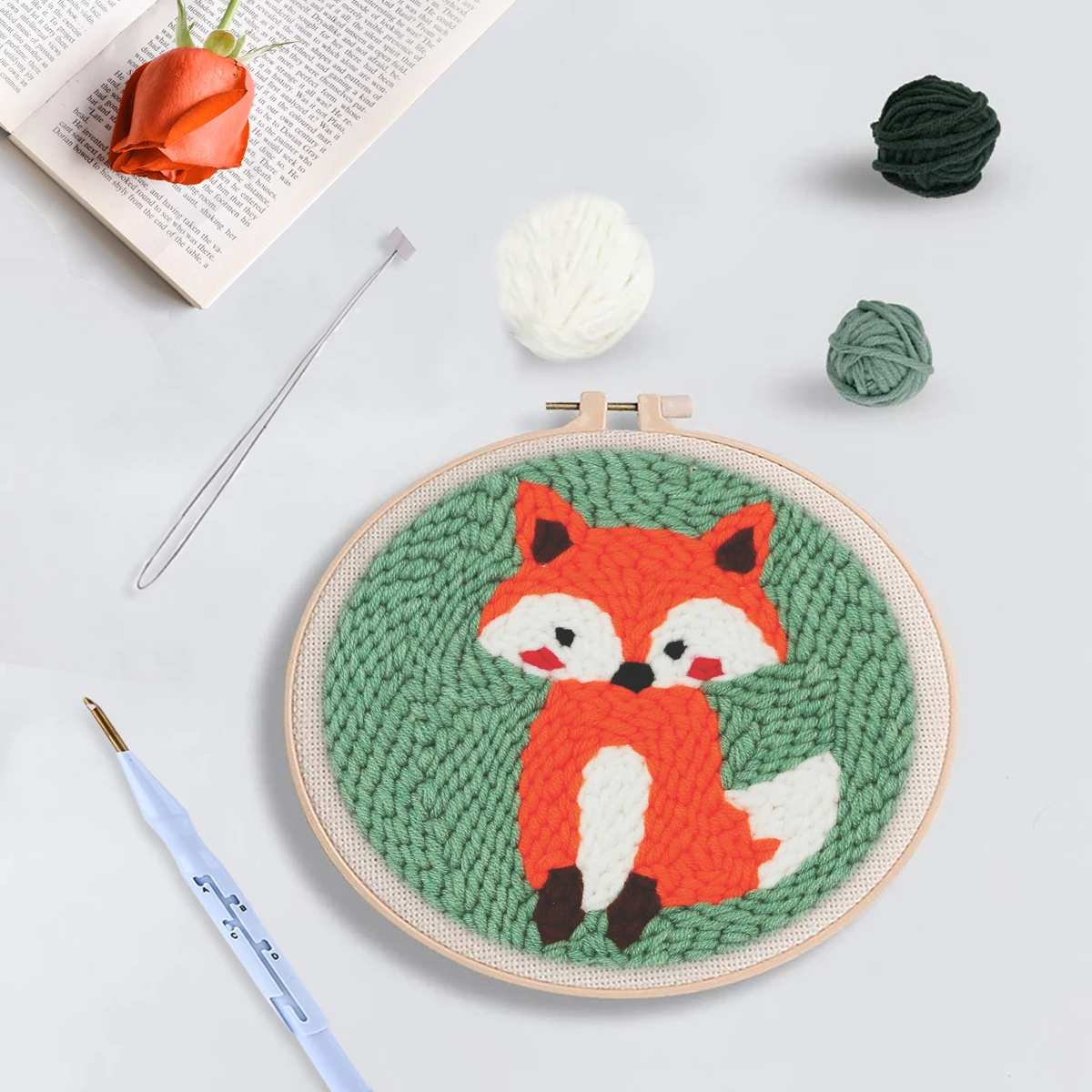 Ruopoty 1 Set Fox Animals Pattern Punch Needle Embroidery Kits Easy To Use Diy Tools Set For Beginners For Rug Hooking Diy Craft