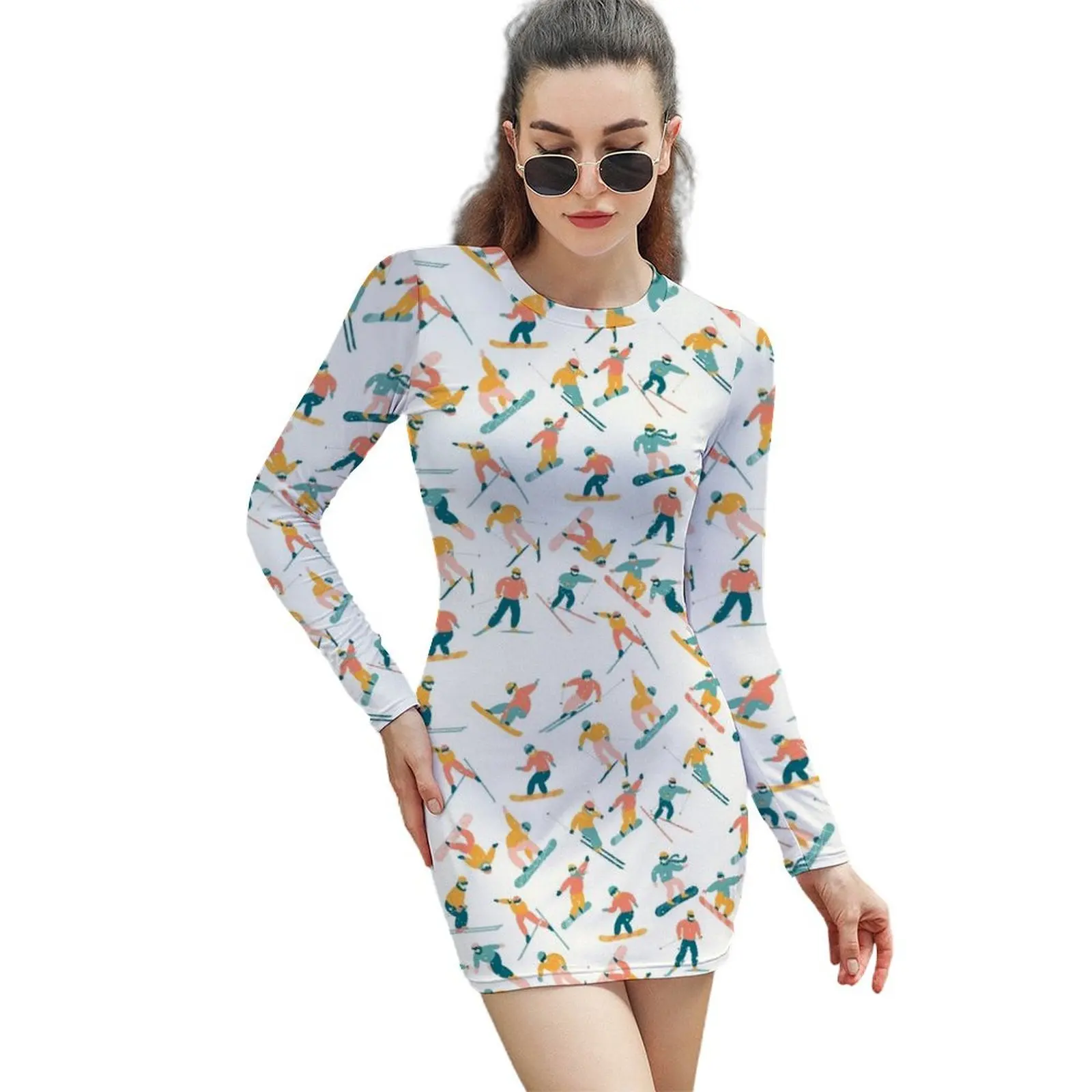 Colorful Ski Pattern Yellow Pink Blue Long-Sleeved Sheath Dress Long dress woman dress party night luxury woman evening