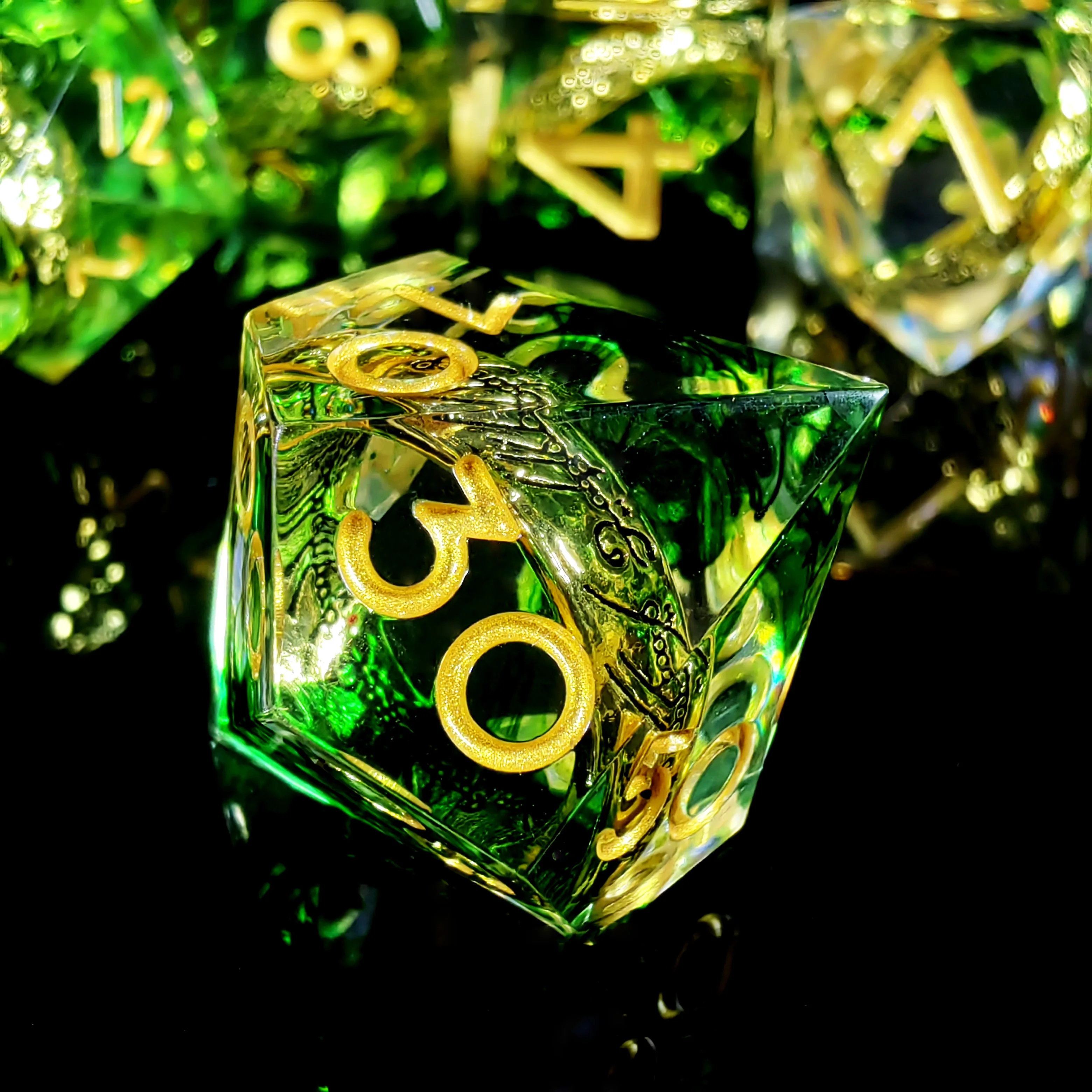 DnD Dice Set-7pc Resin Polyhedral Dice with Dragon Ring Core, Emerald Green D&D for RPG Games