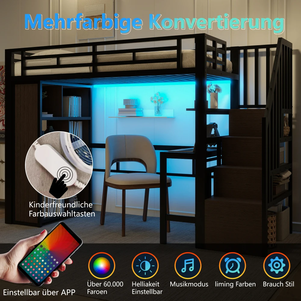 Hochbett, Eisenrahmen, mit Schreibtisch, Staufach, LED-Lichtleiste, Treppe mit Stauraum, ohne Matratze – Detail 10