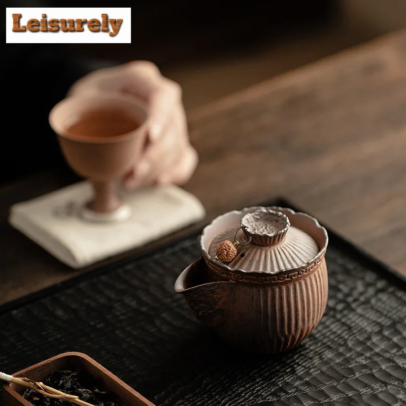 120ml Retro Old Rock Mud Teapot Japanese Coarse Pottery Striped Hand-held Pot Tea Making Kettle Tableware Accessories Ornaments