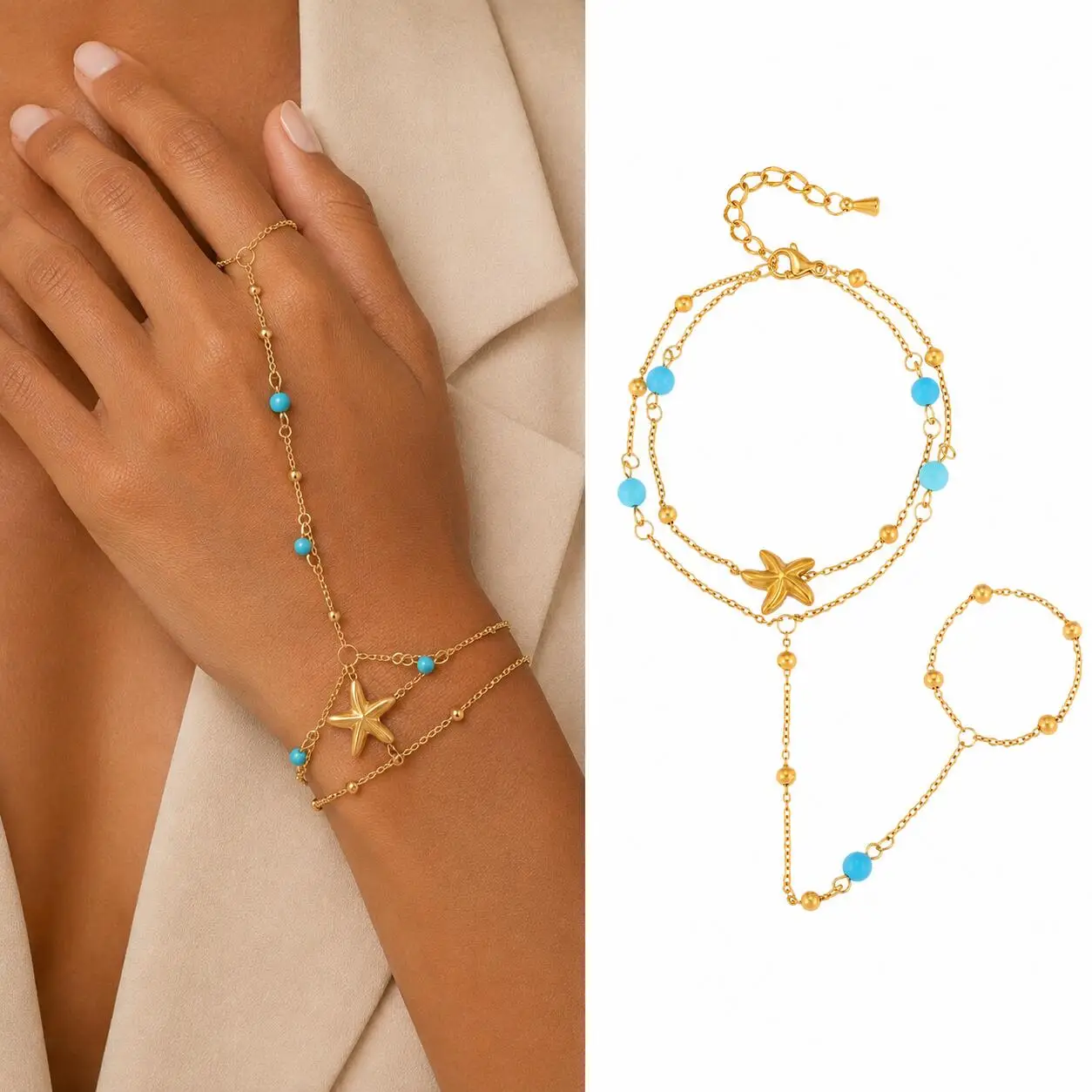Elegant Bohemian Gold Plated Ring Bracelet Chain – Stainless Steel, Waterproof Beaded Jewelry
