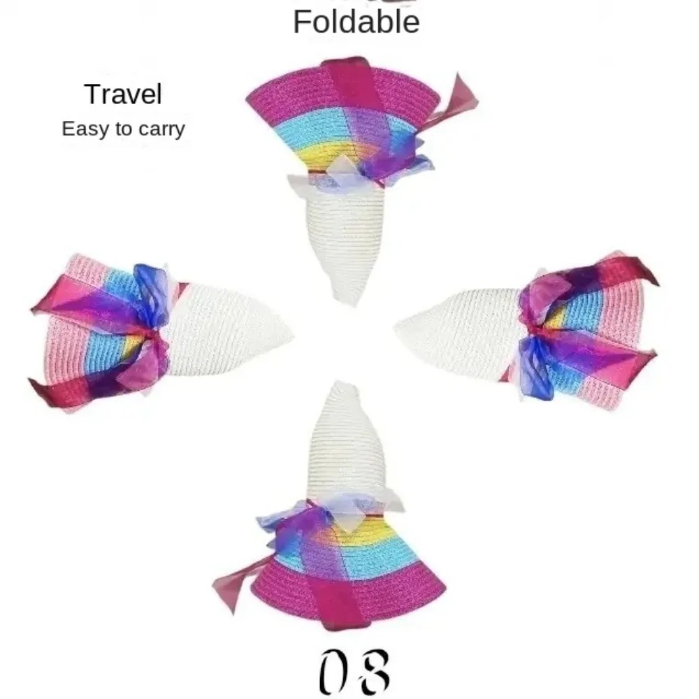 Cappello di paglia pieghevole da donna a righe arcobaleno mare_voghion.com
