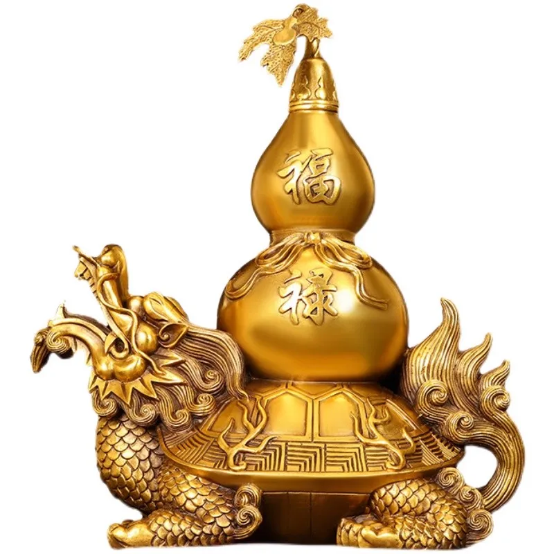 Large Brass Dragon Turtle & Gourd Statue - Lucky Feng Shui Decor for Home/Office, Open Mouth Wealth Tortoise Sculpture, Traditio
