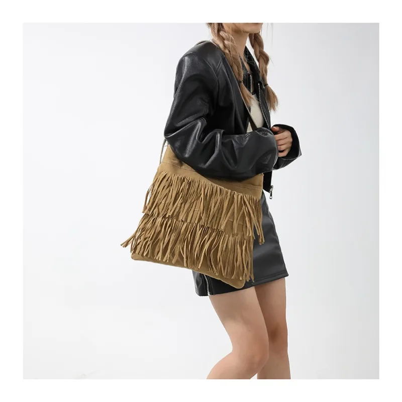 New Designer Luxury Crossbody Bag Nubuck Leather Tassel Shoulder Bag for Women Large-capacity Lazy Wind Underarm Shoulder Bag