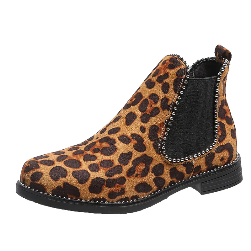 Leopard Chelsea Boots Square Heel Slim 
