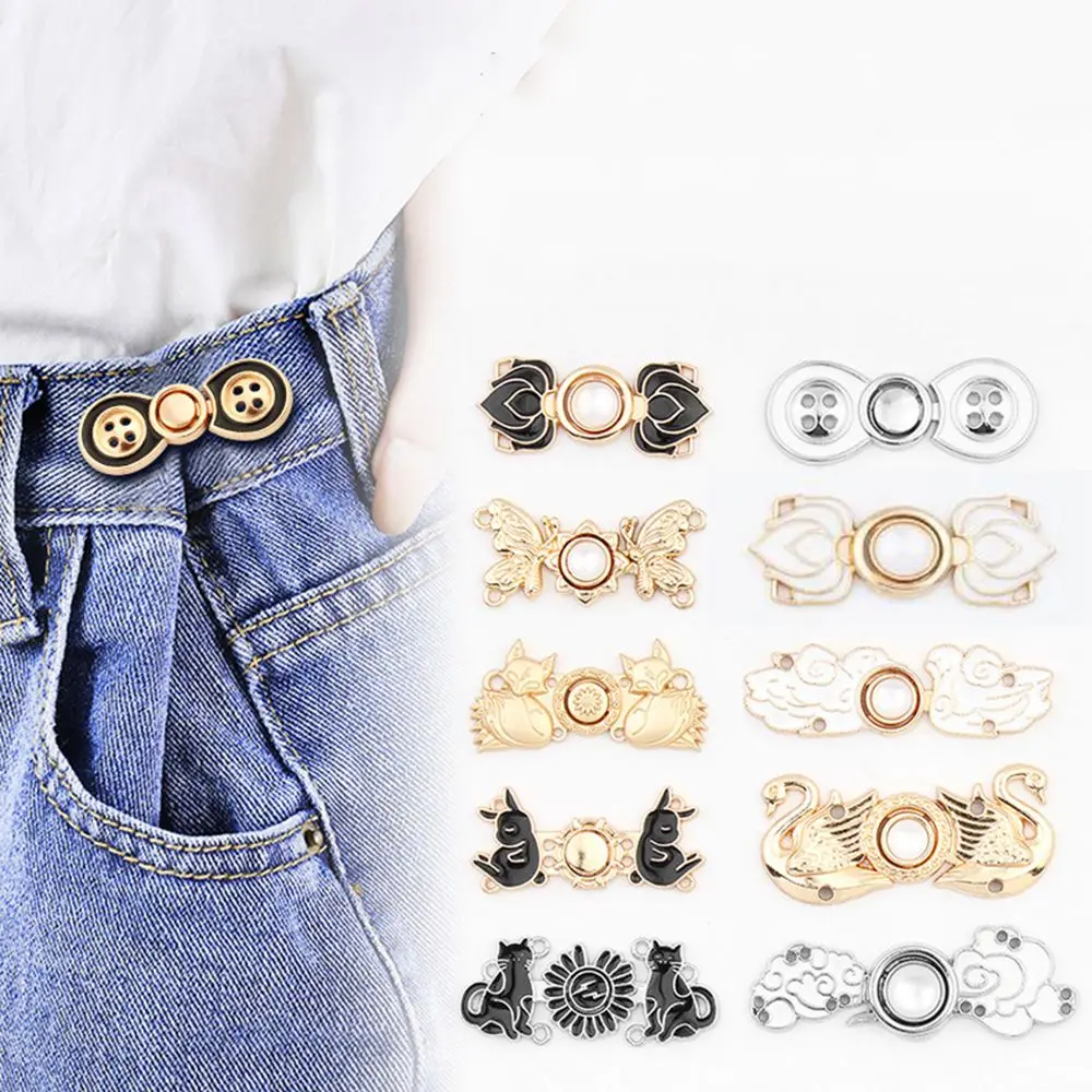 1Pc Trendy Retro Adjustable Jeans Waist Button Cute Flower Butterfly Shape  Tightening Waistband Pin Jeans Accessories