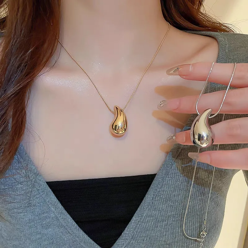 

New Water Drop Necklace Titanium Steel Teardrop Shape Thick Dome Pendant Necklace Women's Jewelry Accessories