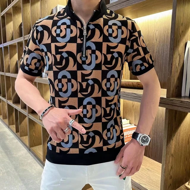 2022 Summer Print T Shirt Men Zip Stand Collar Short Sleeve Casual