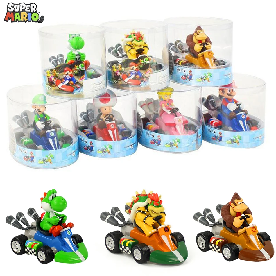 Style Mario samochód z napędem Pull Back zielone Yoshi Donkey Kong Bowser Luigi figurki brzoskwiniowe figurki zabawki Anime gra lalki na prezent dla dzieci