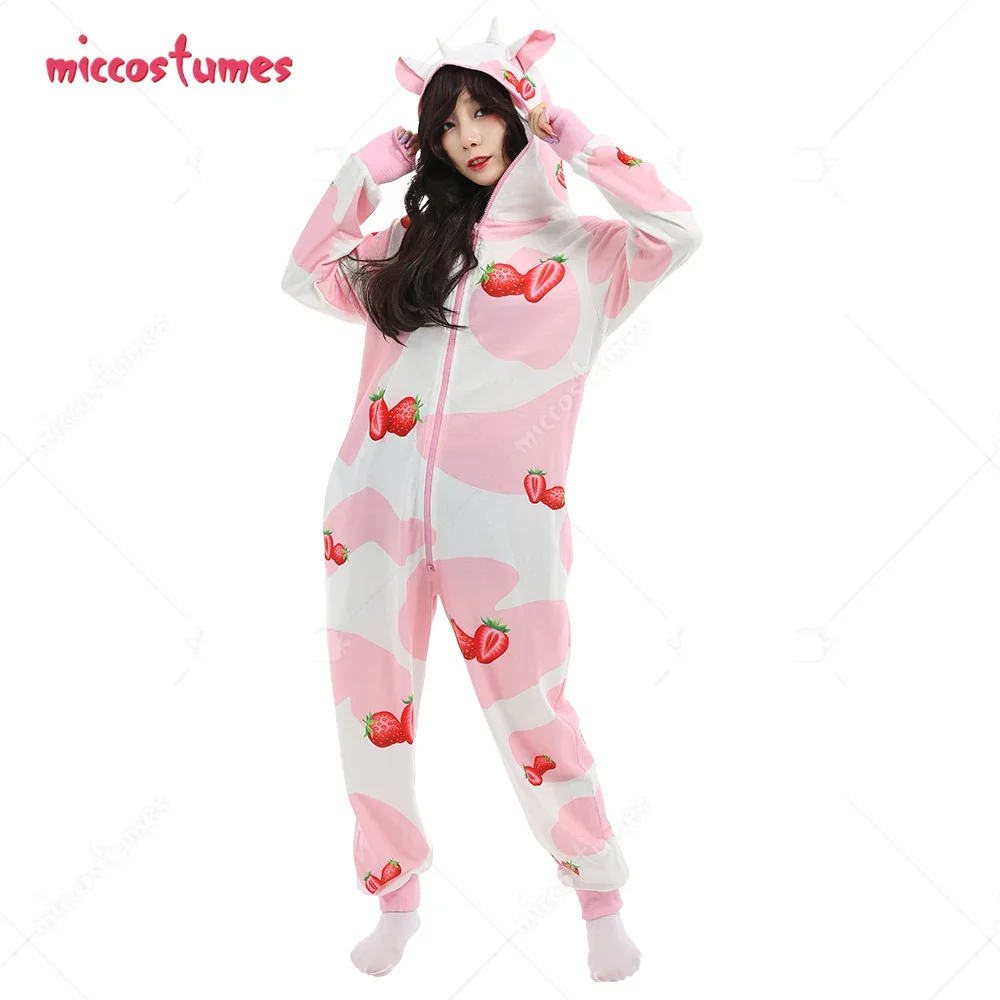 

Sweet Strawberry Milk Cow Moo Moo Pattern Decorated Onesie Pajamas Hooded Long Sleeve Home Wear Pajama Kigurumi Cosplay Costume