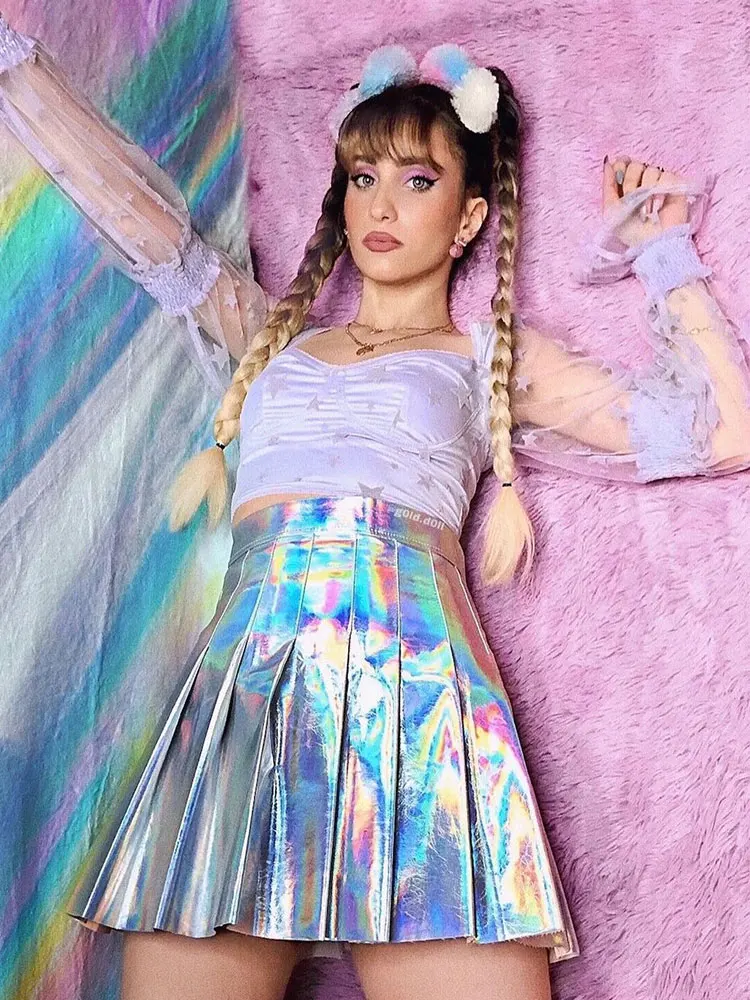 

Pleated Cute High Waist Holographic Laser MIni Outdoor Sexy Skorts Women's Summer Slit Skirts Dress 2022 Festival Outfits Rave