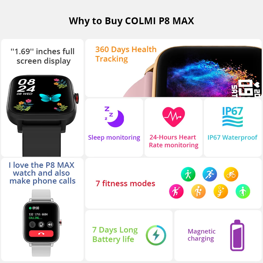 COLMI 2022 Bluetooth Answer Call Smartwatch Men P8 Max Smart Watch Women DIY Dial Sleep Tracker for Android iOS Phone 5