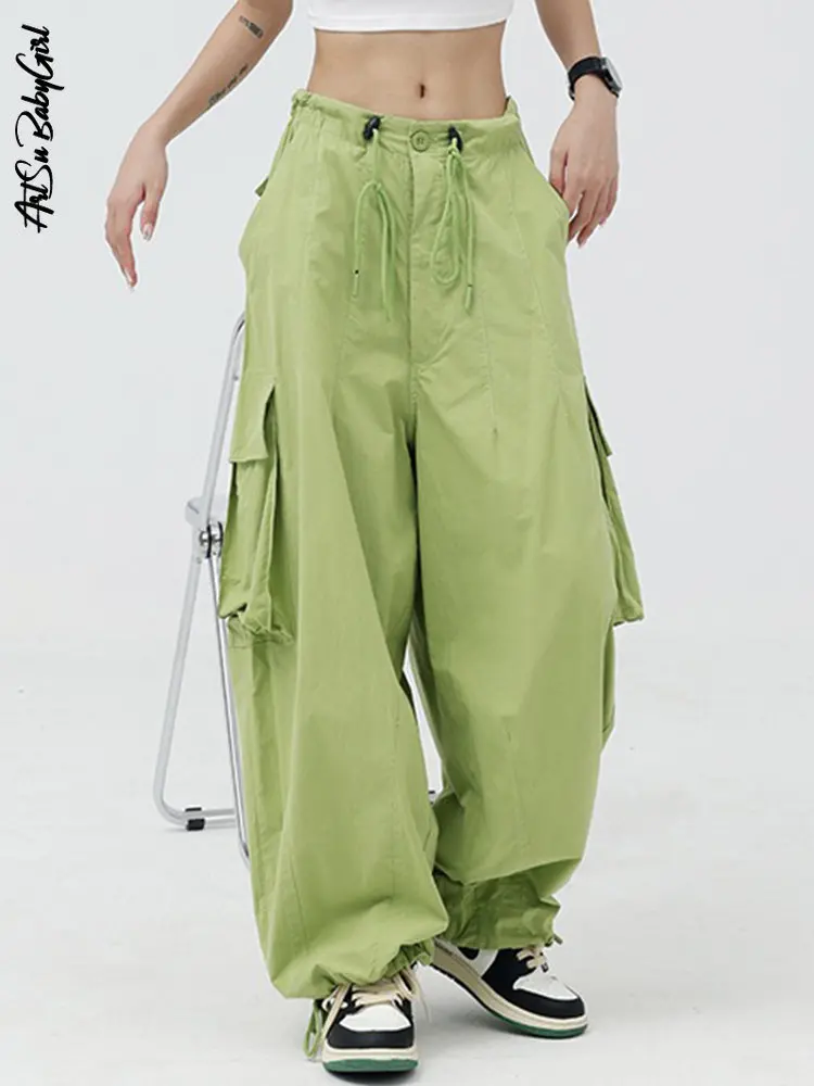 

Drawstring Women Wide Leg Trousers Pockets Cargo Pants Streetwear Outfit Joggers Loose Baggy Pants Fairycore Low Waist Y2k Pants