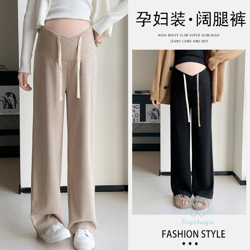 

Drawstring Across V Waist Support Maternity Pants 2024 Spring Loose Straight Trousers for Pregnant Women During Pregnancy Casual