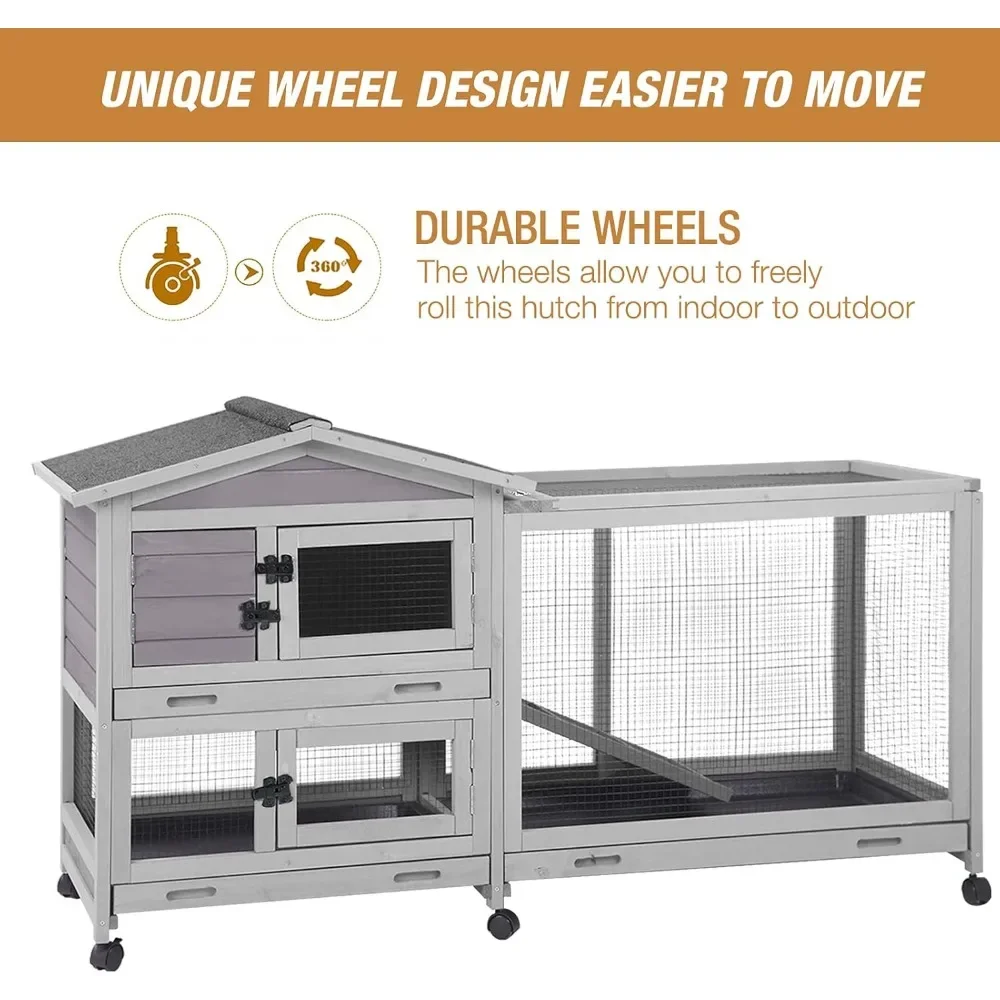 Bunny Cage Indoor and Outdoor Rabbit Hutch with Casters Waterproof Roof, Pull Out Tray from Back and Front 3