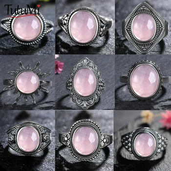 Vintage S925 Sterling Silver Ring Oval Round Natural Rose Quartz Ring Pink Stone Sun Shaped Retro Silver Fine Jewelry For Women 1