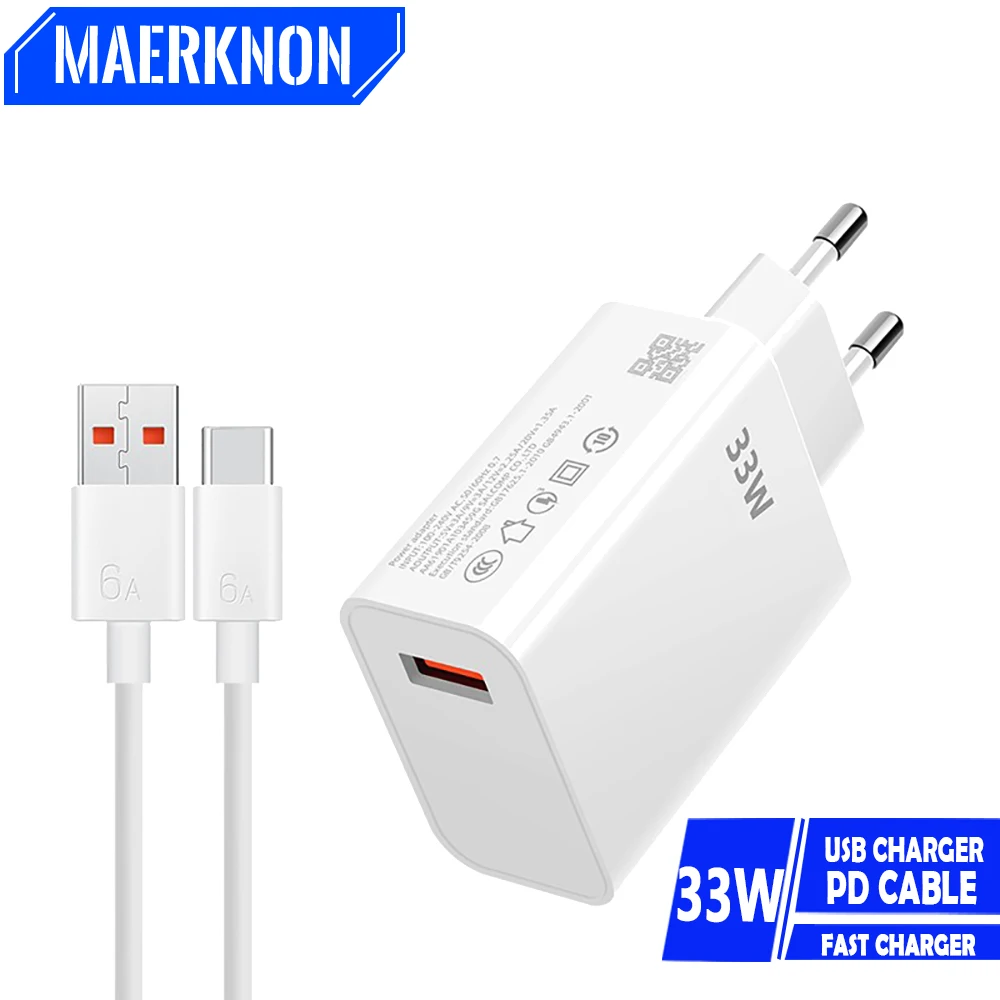 33W USB Charger Quick Charger 3.0 Fast Charging Mobile power adapter,cellphone adapter,power charger Type C Cable For iPhone Xiaomi Huawei Samsung Phone Charge