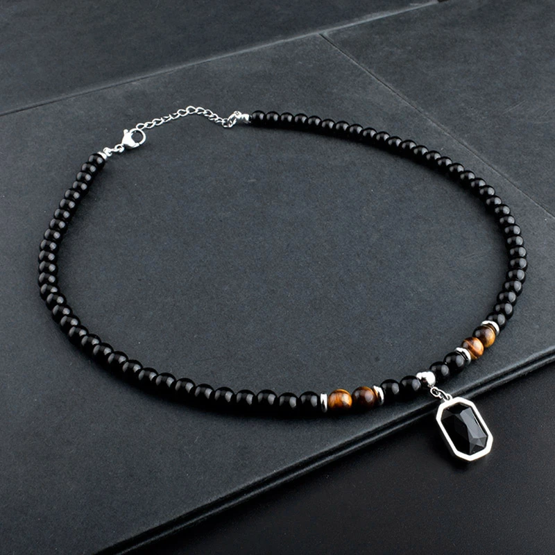 

New Fashion Stainless Steel Men's Necklace Natural Tiger Eye Stone Beaded Necklace Personalized Men's Necklace Jewelry