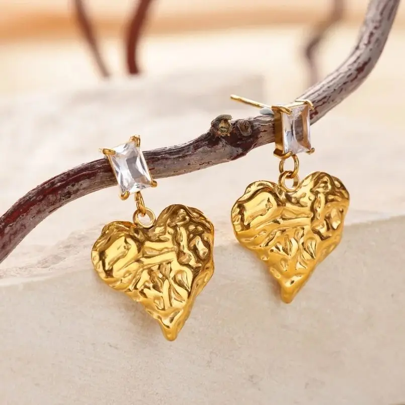 Heart Stud Earrings for Women Girls Cubic Zirconia Gold Color Stainless Steel