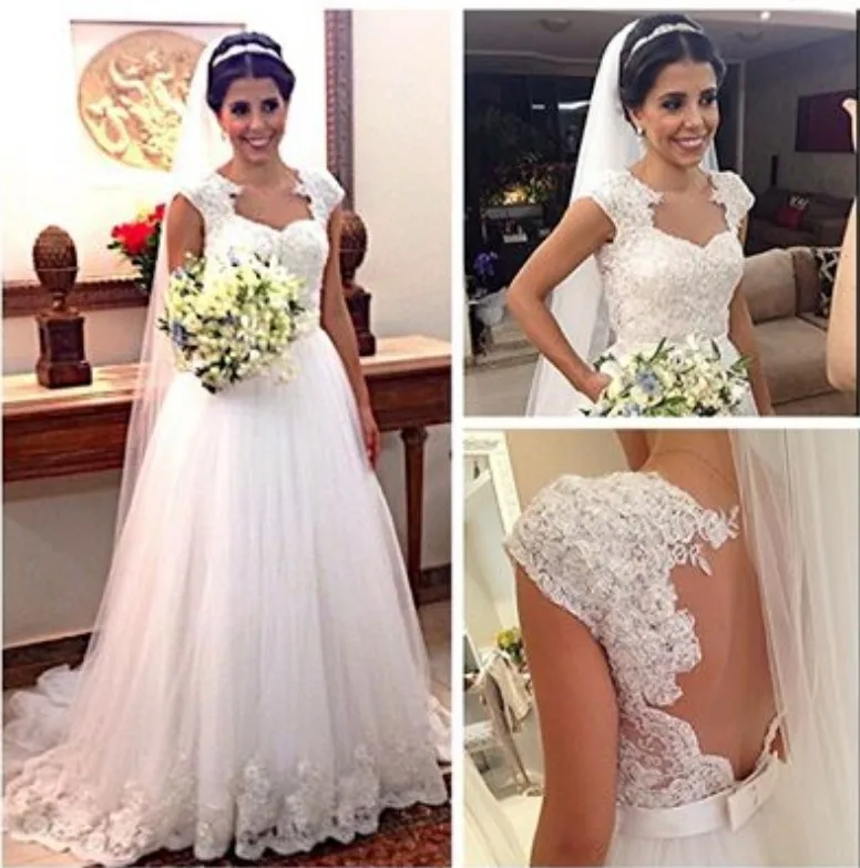 

Vestido de Noiva Curto Cap Sleeve Lace Appliques See Through sexy Backless Bow bridal gown 2018 mother of the bride dresses