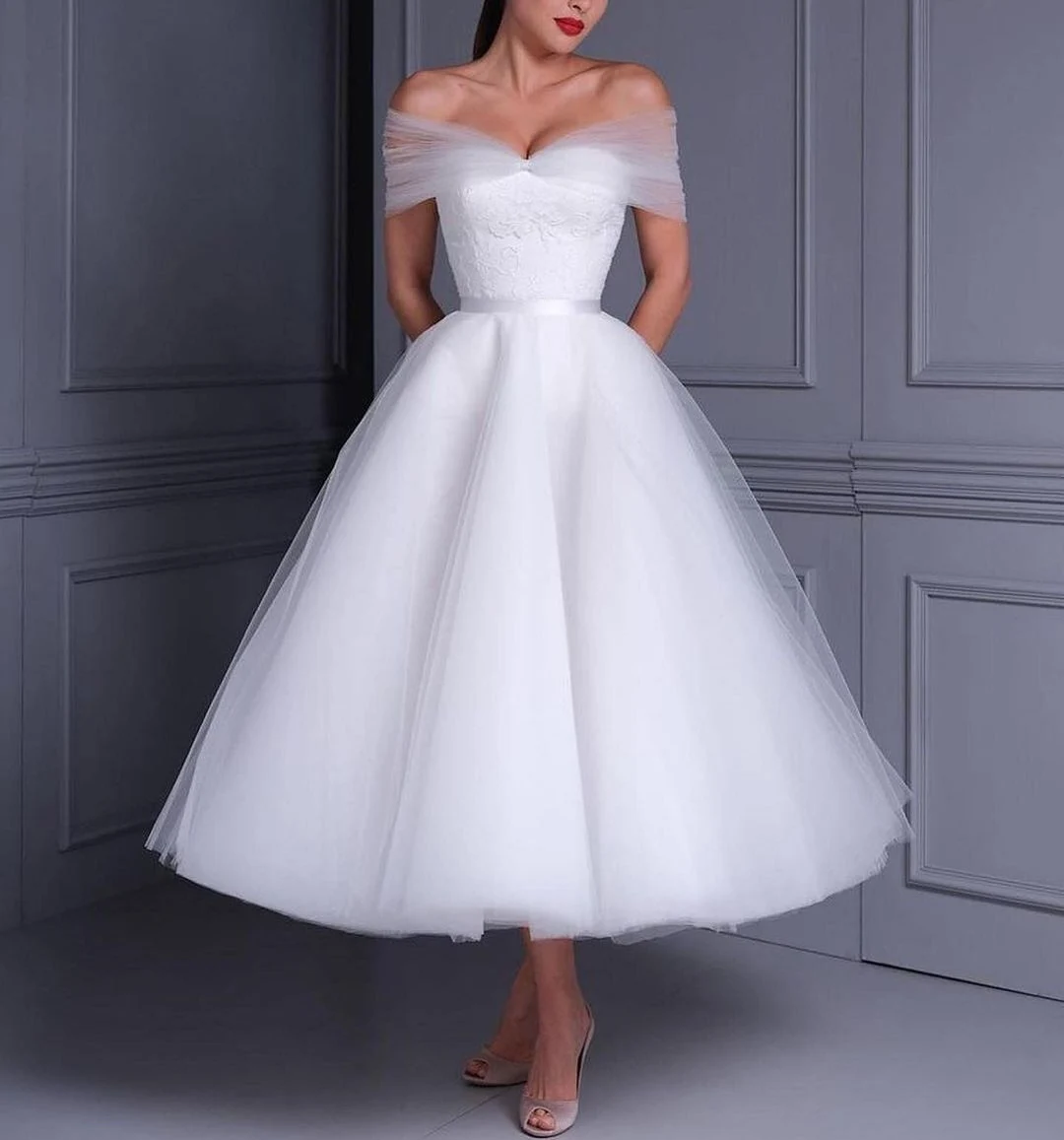 

Vintage Vintage Short Tulle Wedding Dresses A-Line Tea Length Pleated Off Shoulder Kurz White Bridal Gowns for Women