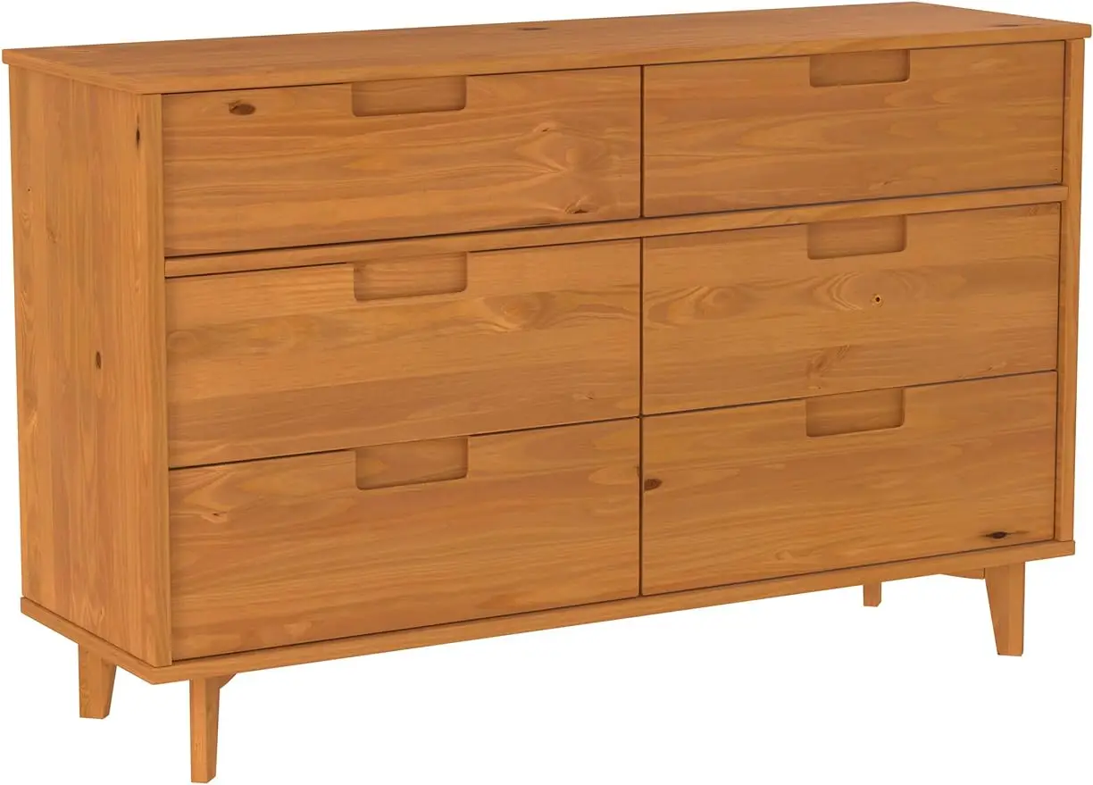 Mid Century Modern Grooved Handle Wood Dresser Bedroom Storage Drawer Organizer Closet Hallway, 6 Drawer,Bedroom,Living Room
