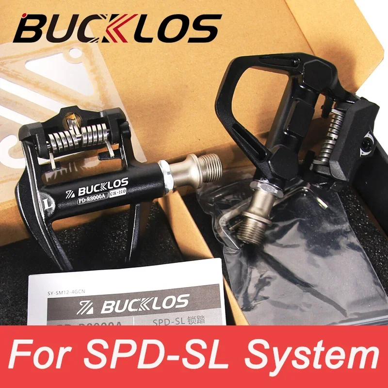 BUCKLOS Road Bike Aluminum Pedals 6 Degree Bicycle Self-Locking Pedal with Locking Plate for SPD-SL Cr-Mo Steel/Titanium Spindle 2