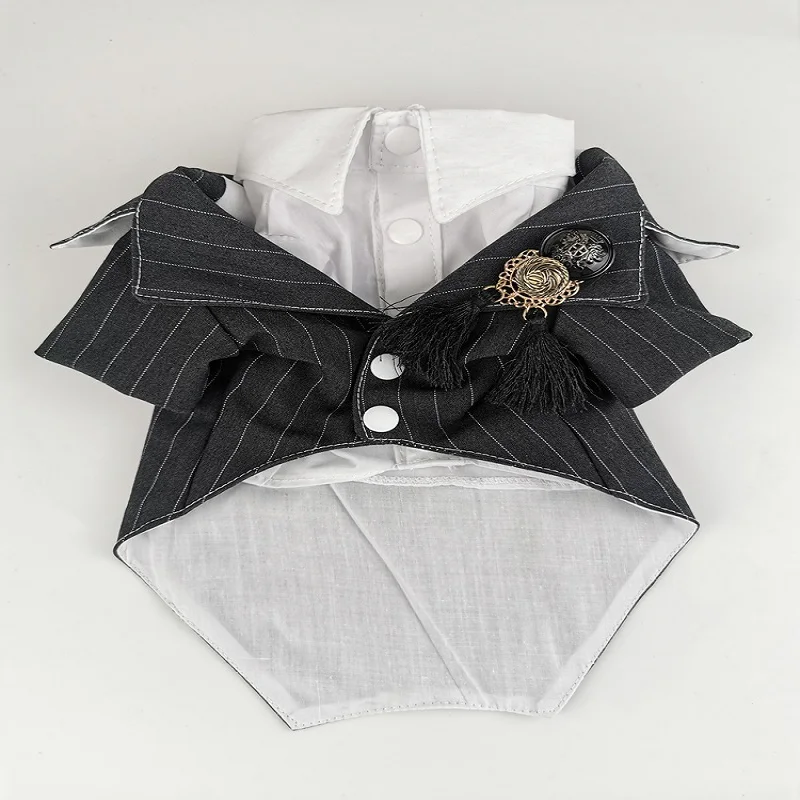 

Fashion Design Handmade Pet Suit Dog Clothes Wedding Dress Classic Tuxedo Grey Strip White Shirt Twin Sets Cat Yorkie Costume