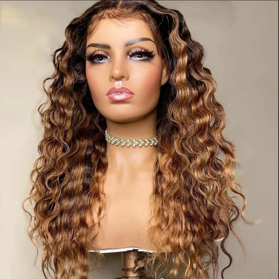 Preplucked Glueless Ombre Blonde Brown Soft 26Inch Long Curly 180Density Deep Wave Lace Front Wig For Black Women Babyhair Daily