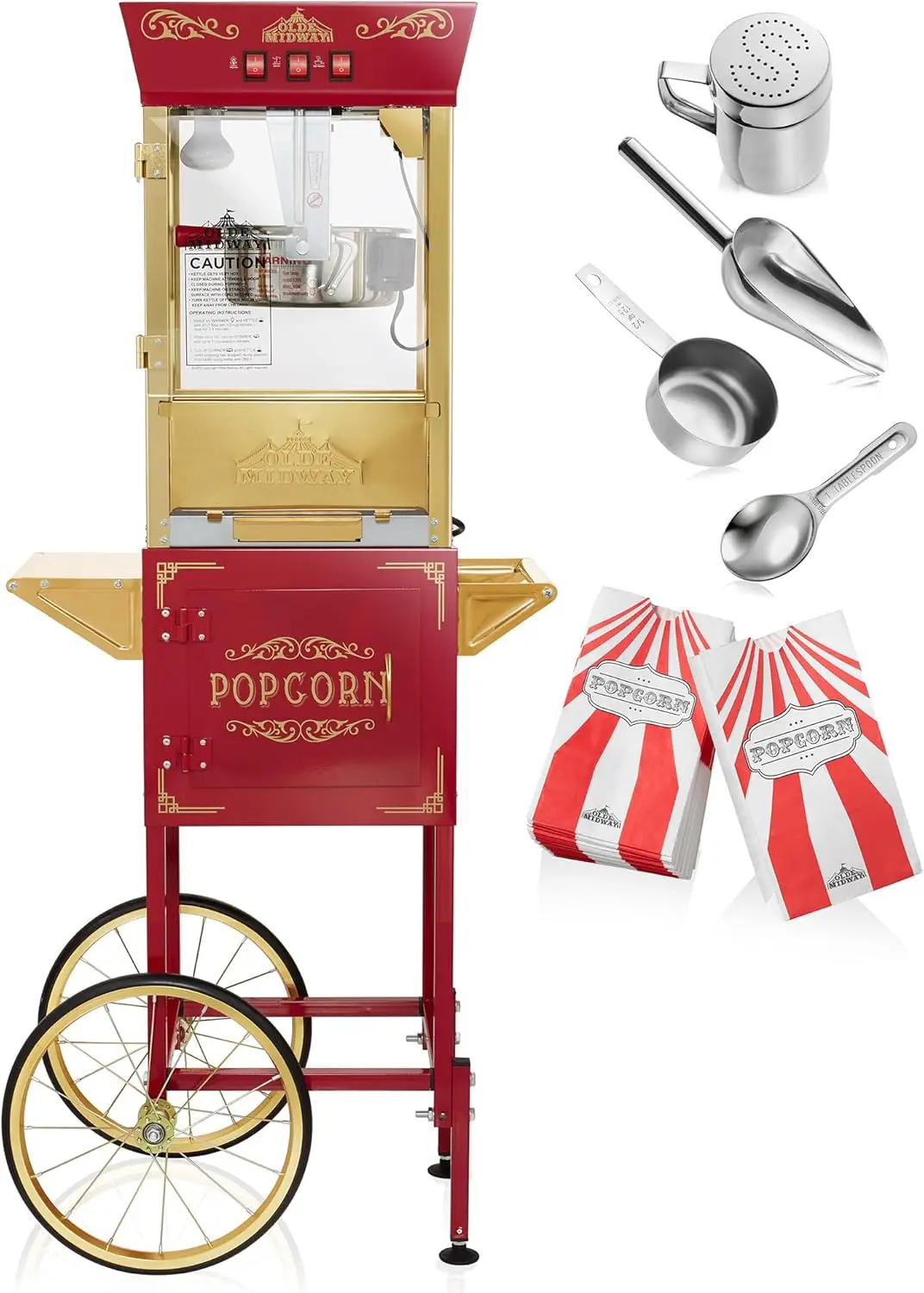Popcorn Machine Maker with Cart and 8-Ounce Kettle - Red, Vintage-Style Popper on Wheels 3