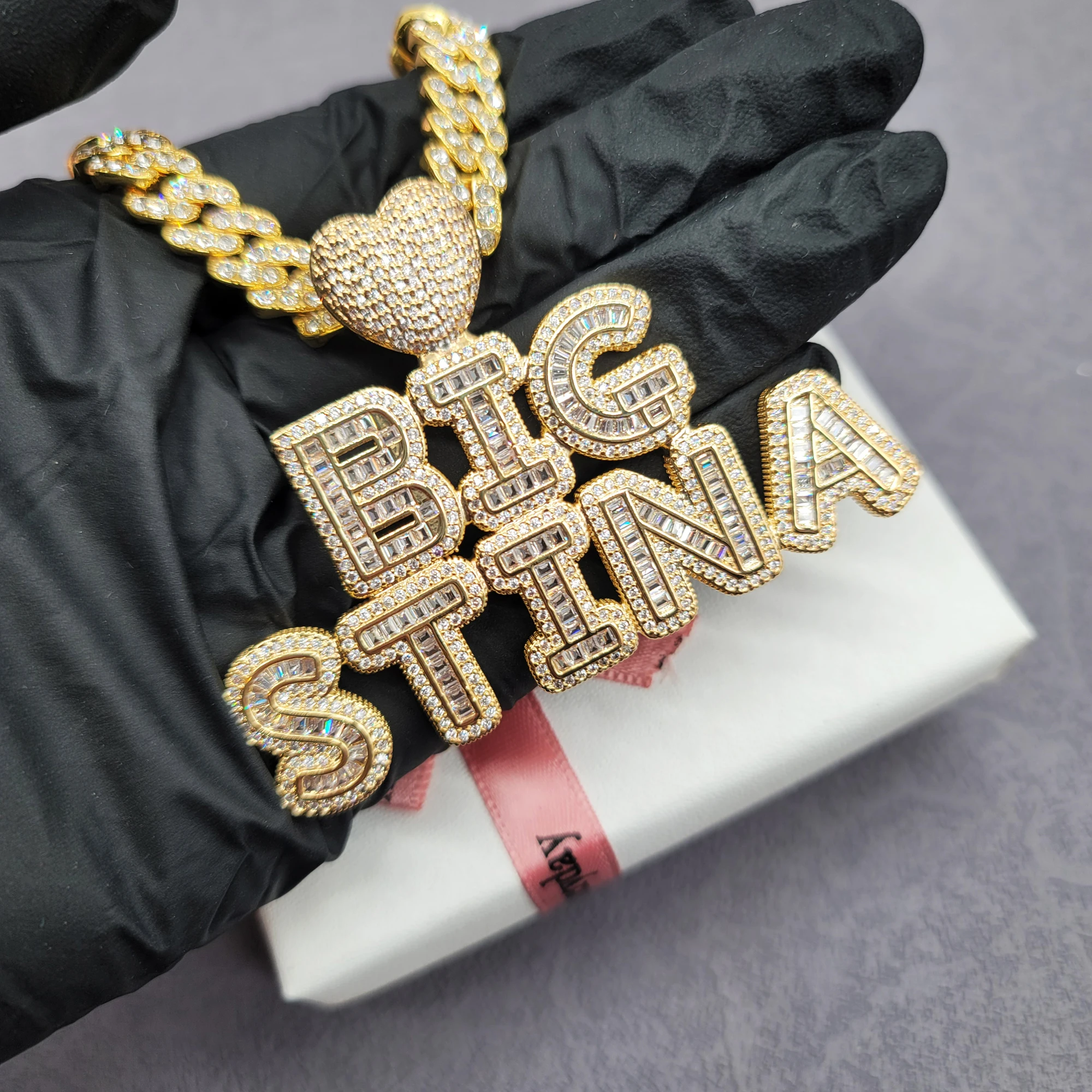 Personalized Stacked Words Pendant With Mini Cuban Chain Custom Heart Bail Letters Necklace Birthday Gift For Her Mother's Day