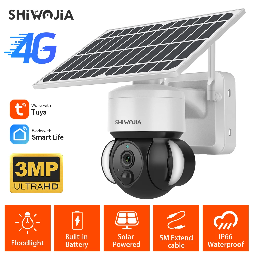 

SHIWOJIA 3MP 4G SIM Solar Surveillance Camera Outdoor Wireless Solar Battery Camera Waterproof PIR Motion Detection Alexa CCTV