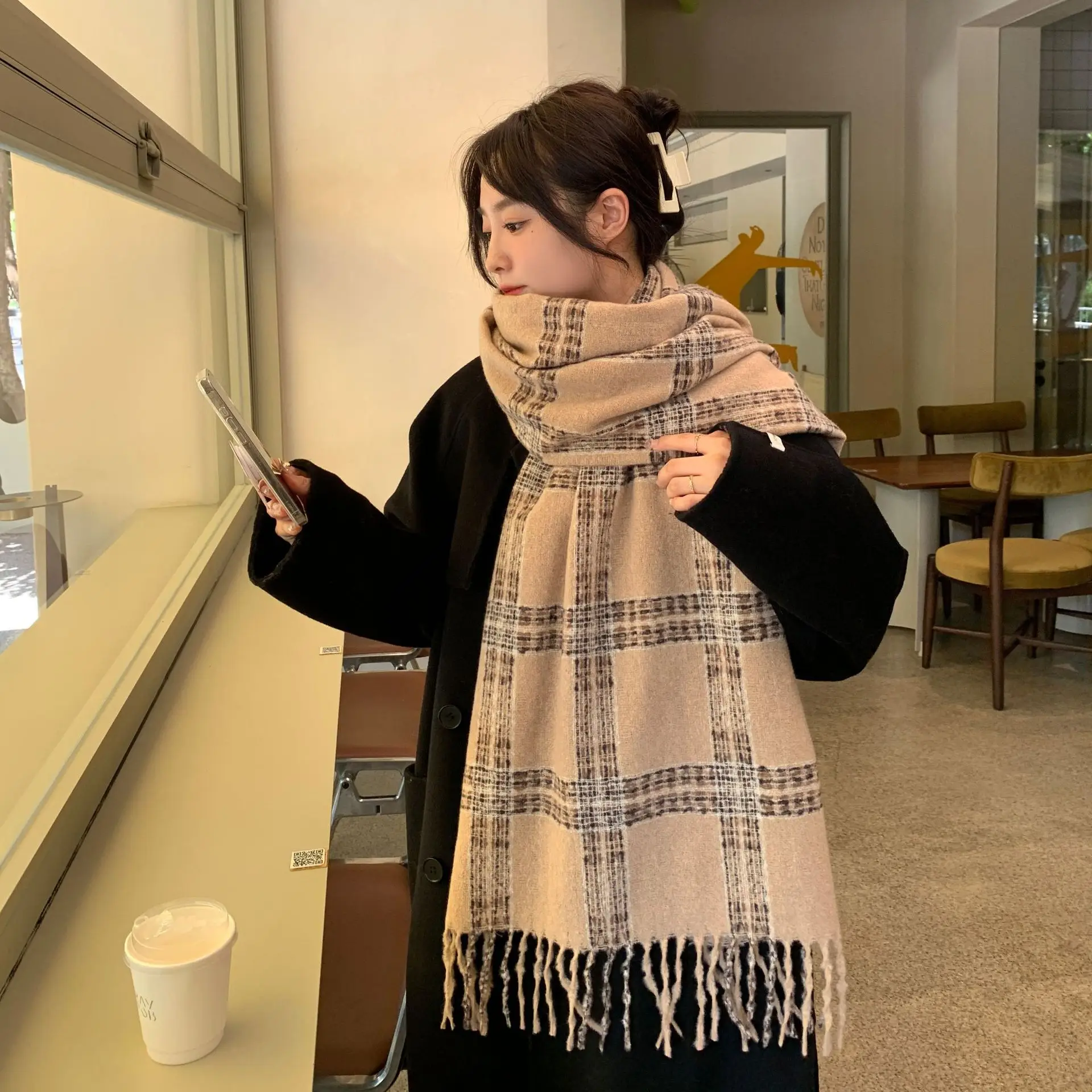 

Literary Plaid Scarf Female Autumn and Winter Imitation Cashmere Korean Version of The Wild Student Scarf Ins Tide Warm Shawl