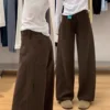 High Waist Wide Leg Denim Jeans Women's Autumn Winter Slimming Drapey Loose Floor-Length Pants Coffee Color Button Decor