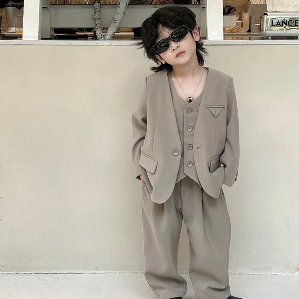 

Kids Boys Suit for Autumn 2023 Blazer Vest Trousers 3pcs Girls Costume Trendy Cool School Infants 2-13 Years Teenage Clothes Set