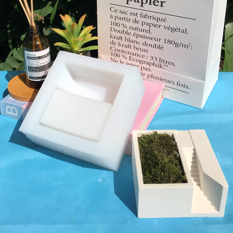 

Moss Cement Flower Pot Concrete Mold Gypsum Desktop Organizers Square Building Business Card Box Resin Ornament Silicone Molds